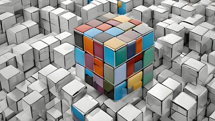 A colorful cube is placed in the middle of a large group of monochrome boxes, creating a visual contrast in the abstract setup