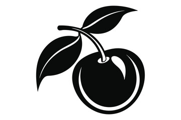 A stylized black cherry with two leaves on a white backdrop presents simplicity