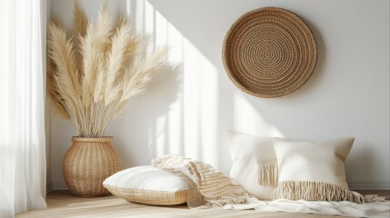 Cozy home decor with pampas grass and pillows for interior design and lifestyle blogs.