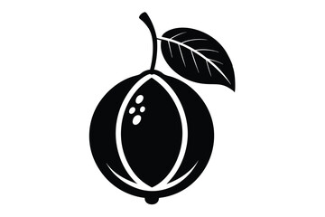 Black silhouette of a lemon with a leaf and a stem is visible