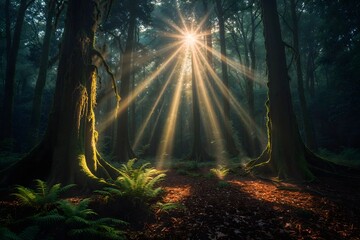Obraz premium Rays of light penetrate through the crowns of large trees in the forest.