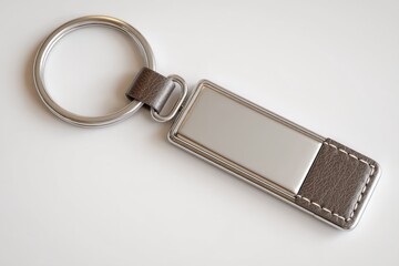 Sleek metal and leather keychain with a blank plate, perfect for personalization.