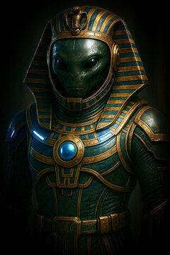 digital ilustration of sci-fi Extraterrestrial Ancient Alien Pharaoh in Futuristic Egyptian Armor, generative AI