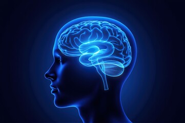 Blue - Glowing Side View of a Human Brain against a Dark Blue Background, Highlighting Brain Structure and a Sense of Technology, Ideal for Neuroscience, Technology, and Futuristic - Themed Projects.