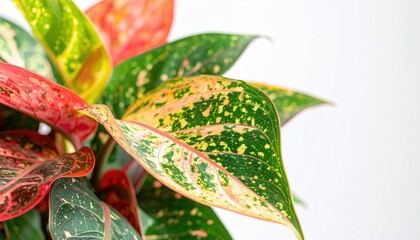 Close-up of vibrant aglaonema leaves with variegated green and red patterns