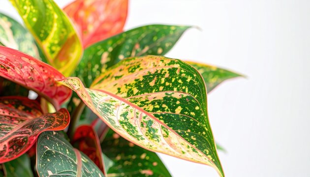 Close-up of vibrant aglaonema leaves with variegated green and red patterns
