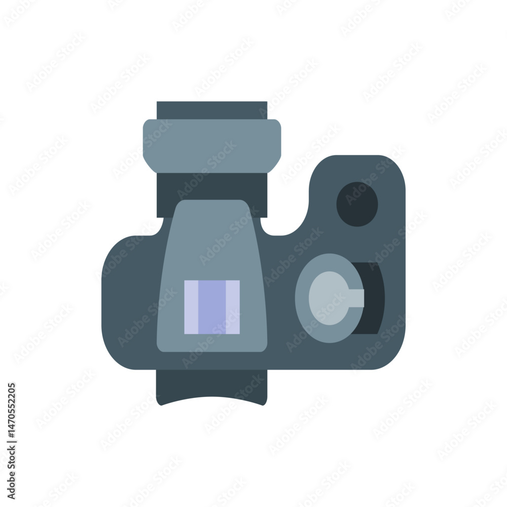 Poster overhead view of a gray camera with a rectangular screen and circular buttons on a white background 