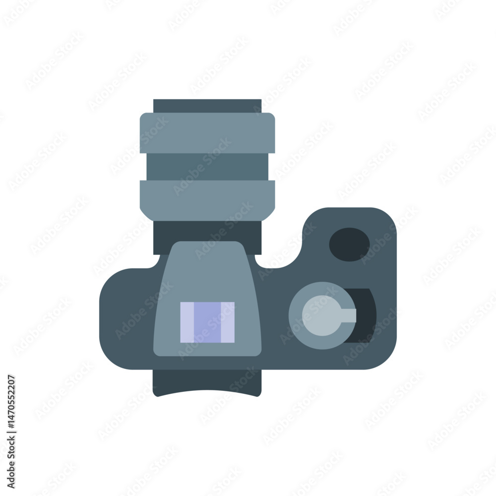 Poster top down view of a gray camera with a lens and a button on the side for taking pictures photography 