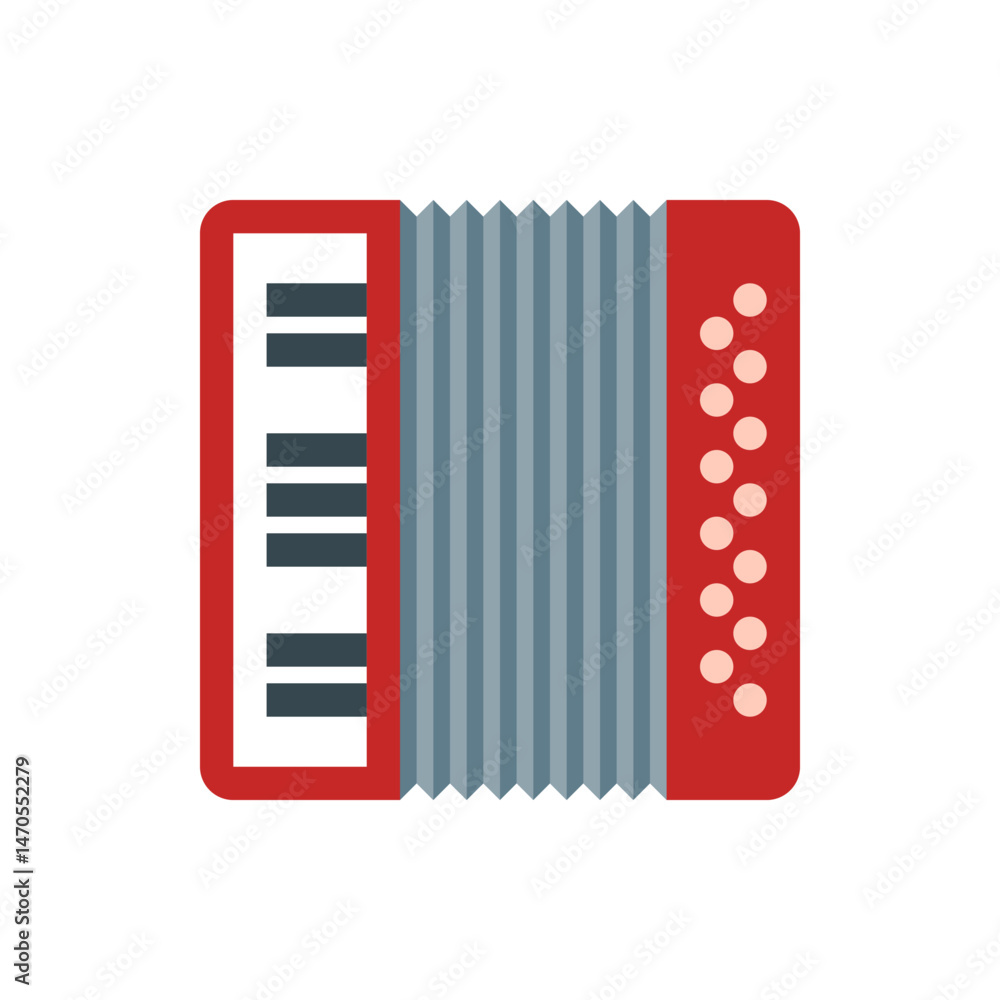 Poster illustration of a red and gray accordion with keys and buttons on a white background in a flat desig