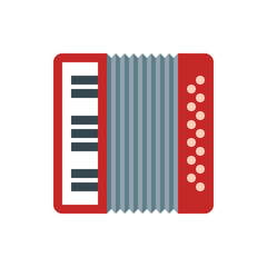 Illustration of a red and gray accordion with keys and buttons on a white background in a flat design style