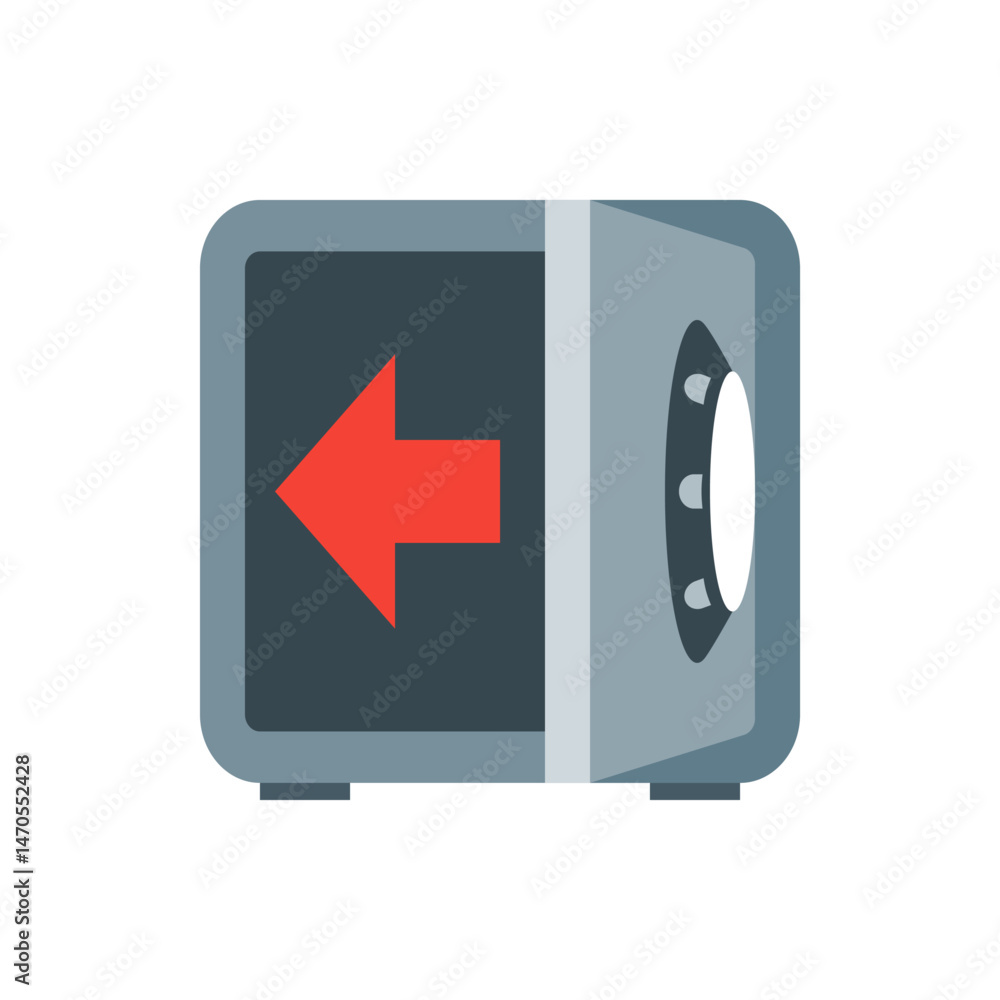 Poster illustration of a gray safe with a red arrow pointing left inside the safe and a white dial on the s