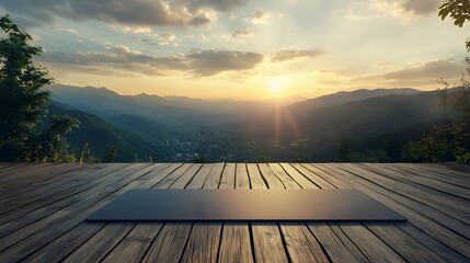 Yoga mat on wooden deck overlooking mountain sunrise wellness and meditation