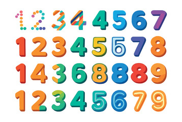 Flat vector icons of abstract numeric visuals: dotted number shapes, striped digits, shadowed numbers, outlined numerals, folded paper style digits, bubble font numbers, glowing effect numerals,