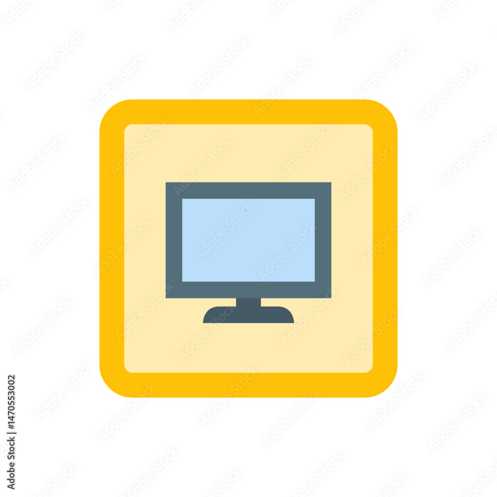 Poster illustration of a computer monitor with a light blue screen and a dark gray base inside a yellow squ