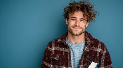 Obraz premium Portrait of a smiling male college student with book, isolated on background