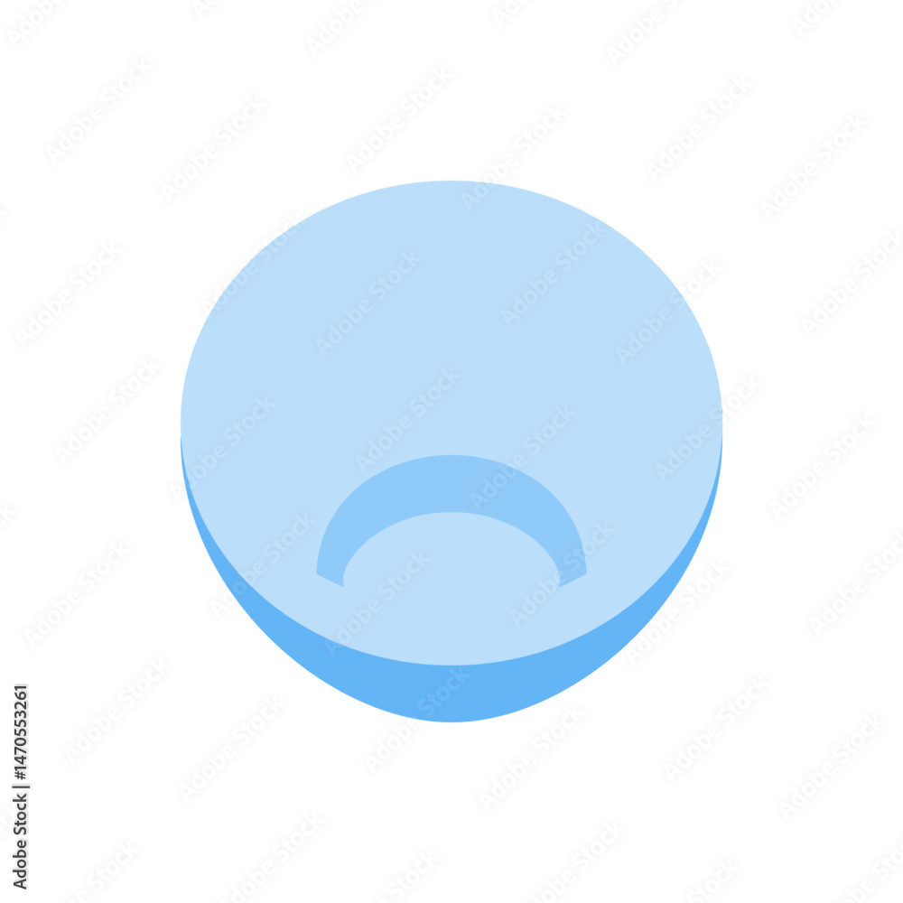 Poster isometric view of a light blue shallow dish with a circular indentation in the center on white backg