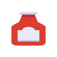 Illustration of a red bottle with a white label and cap, likely containing a condiment such as ketchup or sauce