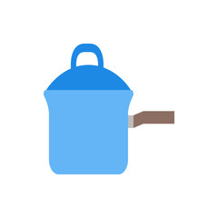 Illustration of a light blue cooking pot with a lid and a brown handle on a white background shown