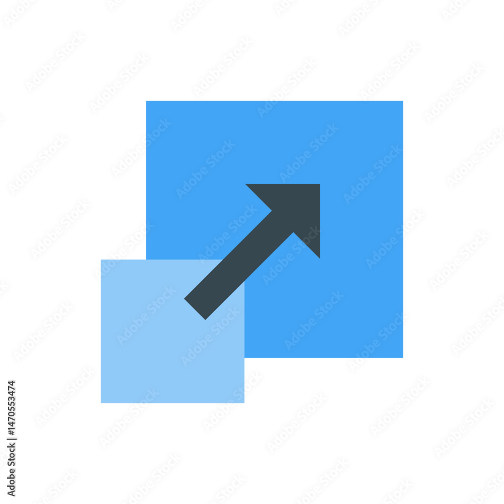 Poster dark gray arrow pointing upwards and to the right overlapping two blue squares of different sizes an