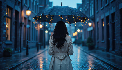 Obraz premium A woman stands with her back to the camera, holding an umbrella adorned with fairy lights in a wet, atmospheric street scene at twilight.