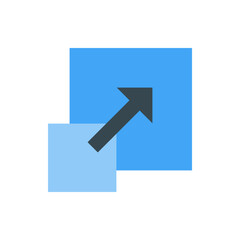 Dark gray arrow pointing upwards and to the right overlapping two blue squares of different sizes and shades