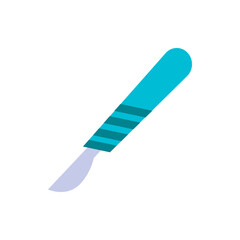 An illustration of a scalpel with a light blue handle and a gray blade on a white background view