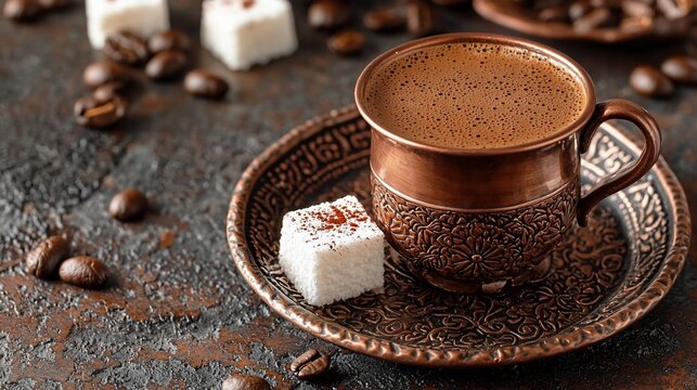 Rich Turkish coffee in a copper cup, with sweet treats and coffee beans