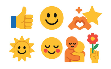 Obraz premium Flat vector icons of positive emotions and gratitude: thumbs up, smiling face, heart hands, star sparkles, cheerful sun, grateful eyes, hug icon, raised hand with flower.