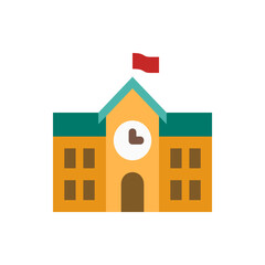 Illustration of a school building with a clock and a flag on top of the structure in bright colors