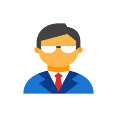 Illustration of a man wearing glasses, a blue suit, and a red tie, depicted in a flat vector style