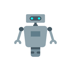 Illustration of a simple gray robot with a rectangular head and body and circular arm joints design