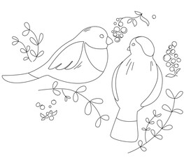 Outline drawing - Birds and Flowers. Black Lines without filling. Plot for Children’s Coloring