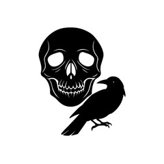skull with raven perched silhouette on white 