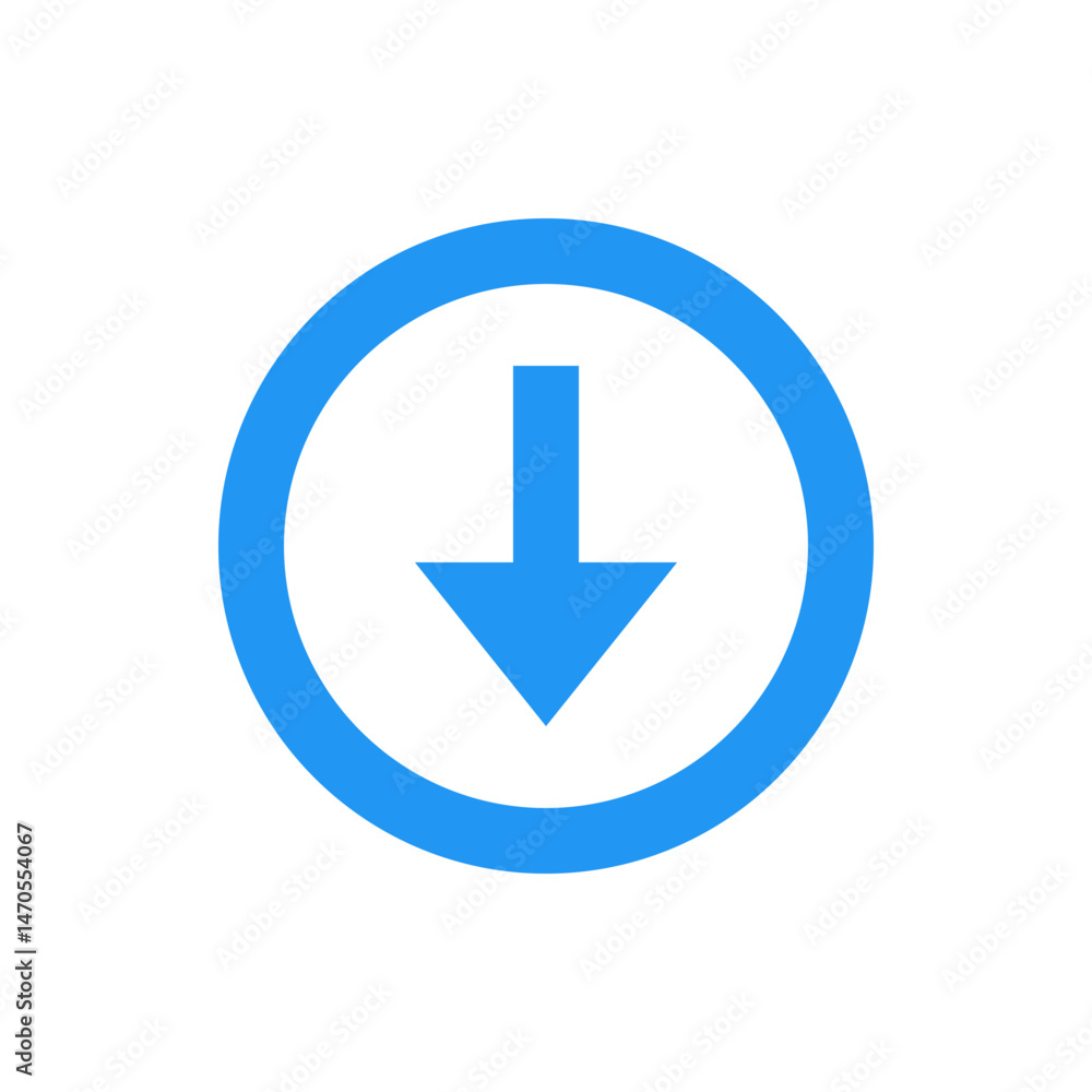 Poster blue circular arrow pointing downwards inside a circle for navigation and interface design use case