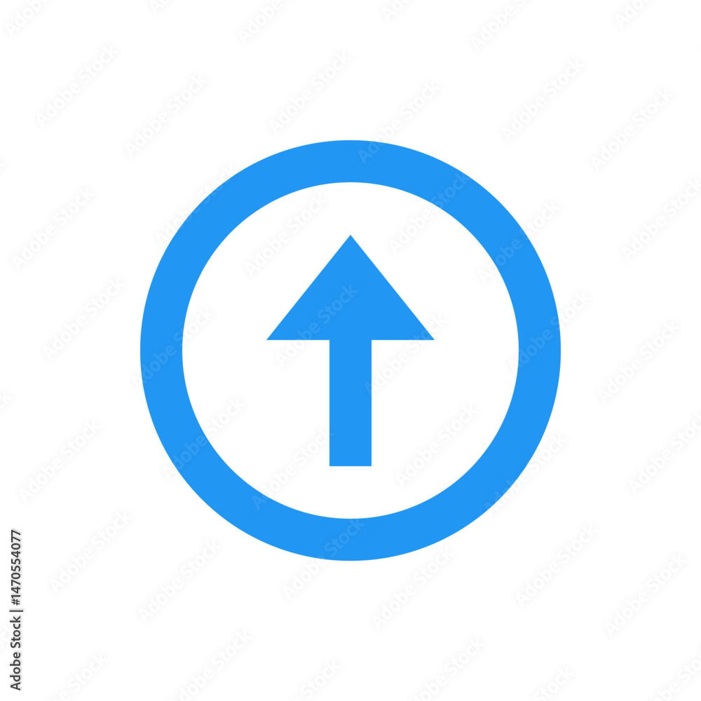 Poster a blue upward pointing arrow centered within a blue circle on a white background creating a simple g