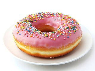 Pink frosted donut with colorful sprinkles on a white plate, closeup view