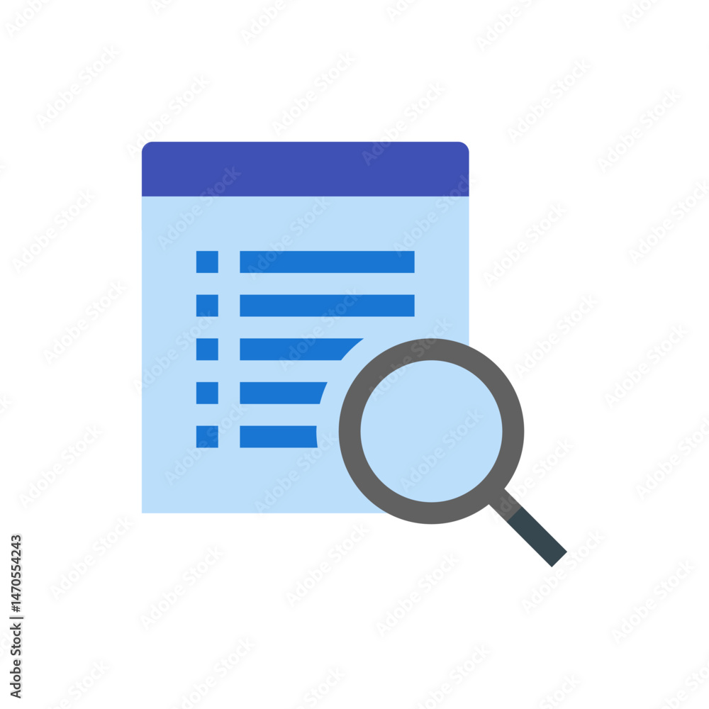 Poster light blue document with dark blue header and list items and a grey magnifying glass overlaying the 