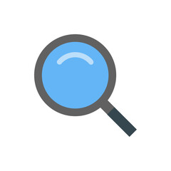 Illustration of a gray magnifying glass with a light blue lens and reflection on a white background view