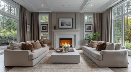 Luxurious great room with fireplace and expansive windows