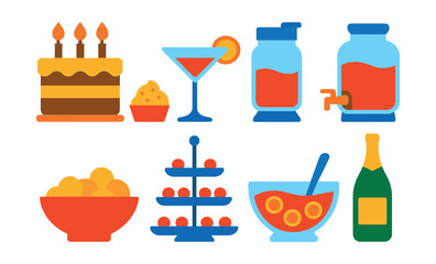 Flat vector icons of food and drinks: birthday cake, cupcakes, cocktail glass, drink dispenser, snack bowl, tiered tray, punch bowl, champagne bottle.