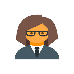 Illustration of a woman with brown hair wearing glasses and a suit with a tie in a simple style