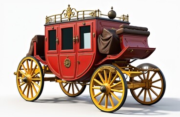 Fototapeta premium Vintage red stagecoach on white background. Classic wooden horse-drawn carriage, wild west transport. Historical, western, travel, tourism concept. Retro design.