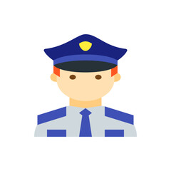 Illustration of a police officer with a blue hat and tie, wearing a gray shirt and having red hair color