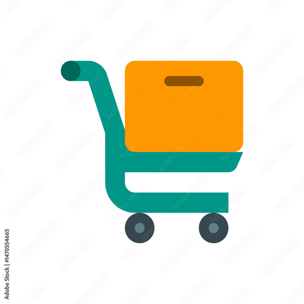 Poster a shopping cart with a teal frame and an orange box is displayed on a white background in a simple s