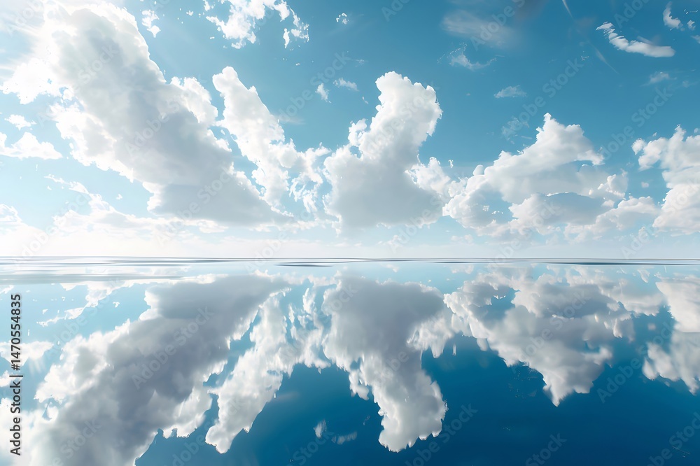 Aufkleber 青空と白い雲が水面に映る美しい風景 自然の静けさと鮮やかな反射が特徴的な画像 水彩画のようなソフトな色合いと未来的な雰囲気