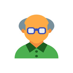 Illustration of an elderly man with glasses, green shirt, and receding gray hair against a white background