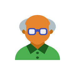 Illustration of an elderly man with glasses and a green shirt on a white background in a flat style