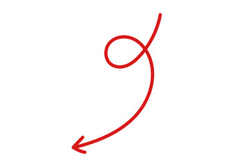 Red curved arrow pointing down isolated on transparent background