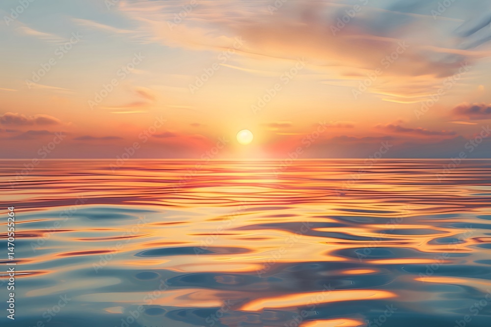 Aufkleber 穏やかな海と空のオレンジと青の夕焼けの景色 反射光と穏やかな波のある平和な海岸線 風光明媚な背景