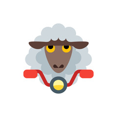 Illustration of a sheep with a brown face and yellow eyes riding a red motorcycle on a white background